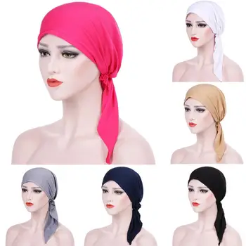 

Muslim Hat Women Elegant Solid Color Ruffle Silky Head Wrap Turban Elastic Muslim Women Hijab Beanies Caps