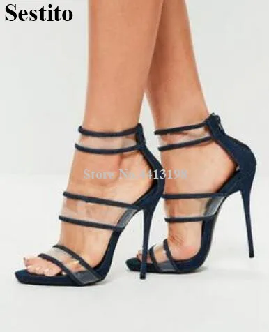 

Sestito Women Sandals PVC Transparent Ankle Strap Back Zipper Stiletto Heels Peep Toe Sandals Summer Sexy Fashion Women Shoes