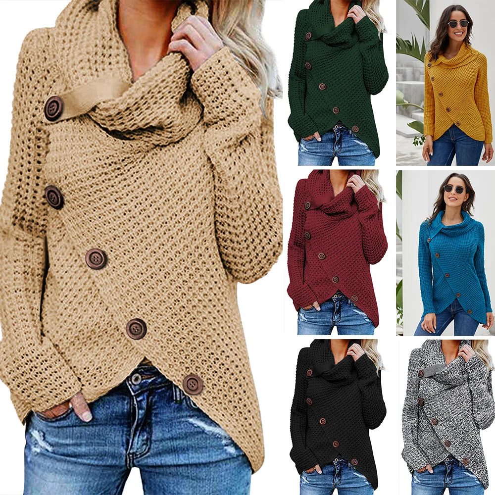 

Autumn and winter solid color thickened sweater women 2020 new single row diagonal button long sleeve asymmetric sweater women's