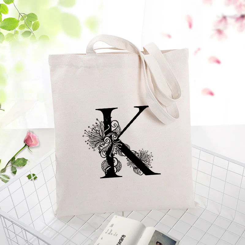 Художественная алфавитная Холщовая Сумка-тоут с буквенным принтом, сумка для покупок с принтом, ежедневное использование текста DIY, пользовательский принт логотипа, Экологичная многоразовая сумка