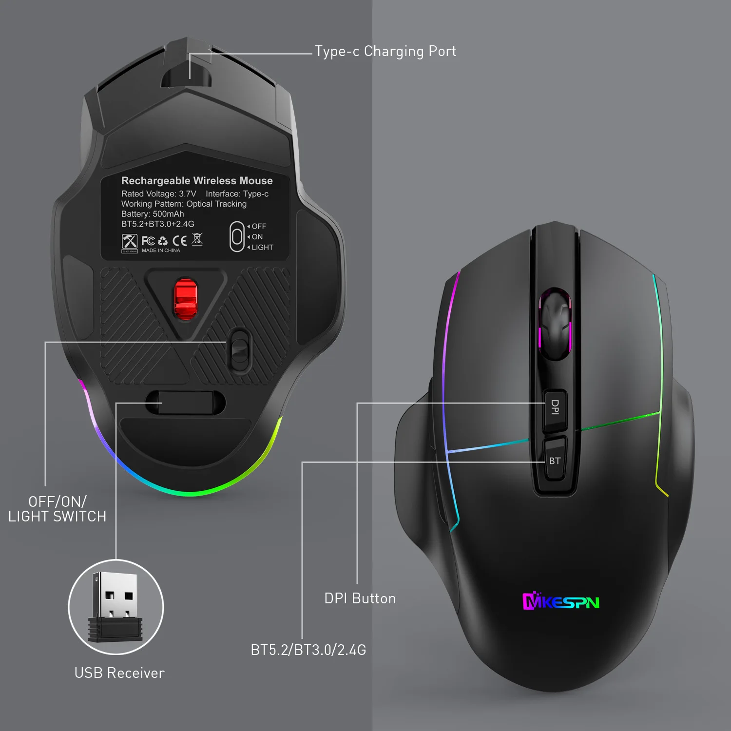 silent wireless mouse Bluetooth Mouse X11 1600dpi 7 Buttons Rgb Lighting Ergonomic Programmable Gaming Mouse For PC Gaming 2.4G wireless mouse USB wireless mouse with usb c Mice