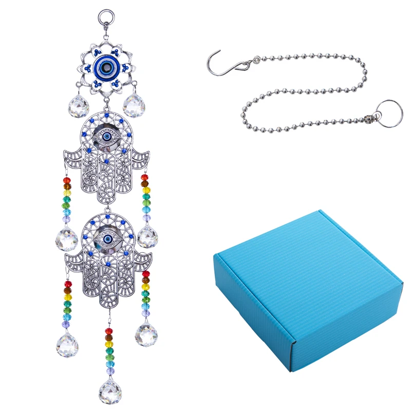 

H&D Hamsa Hand Blue Evil Eye Suncatcher Rainbow Maker Crystal Window Hanging Ornament Home Protection Decor Housewarming Gift