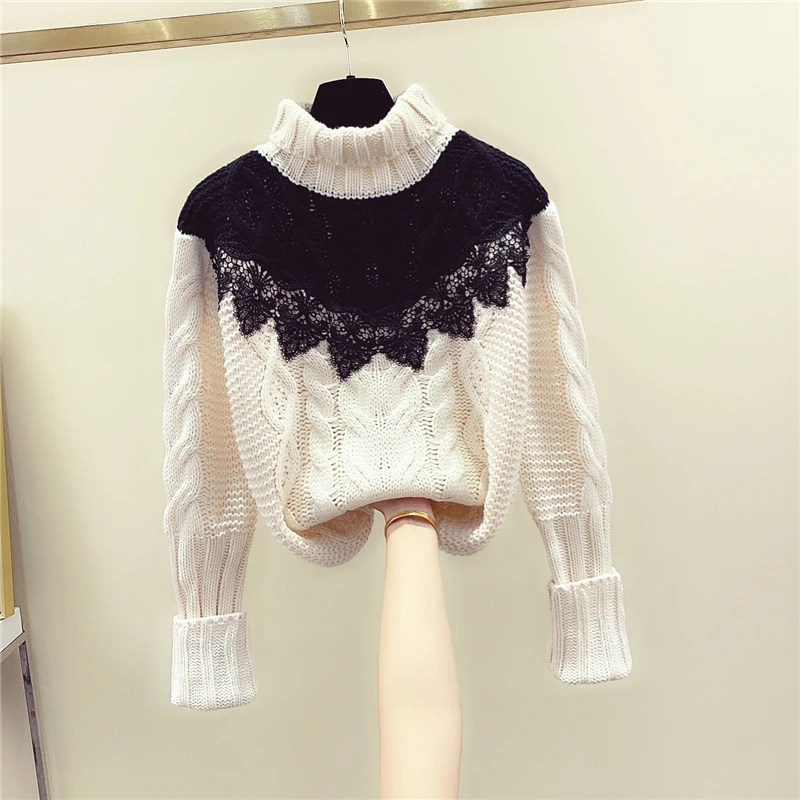 MUMUZI, черный кружевной женский свитер,, зимние женские свитера и пуловеры, толстый вязаный белый свитер, женский свободный пестрый свитер