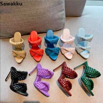 

Runway Fashion Purple Woven-strap Slip-on Mules High Heel Curve Sandals Women 2020 Open Toe Slides Kobiety Sandały Leather Shoes