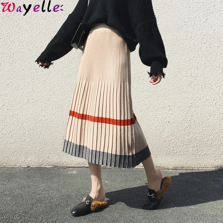 Полосатая трикотажная юбка миди, Женская трапециевидная плиссированная юбка, Осень-зима, новые эластичные юбки с высокой талией, женские элегантные длинные юбки