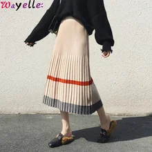 Полосатая трикотажная юбка миди, Женская трапециевидная плиссированная юбка, Осень-зима, новые эластичные юбки с высокой талией, женские элегантные длинные юбки