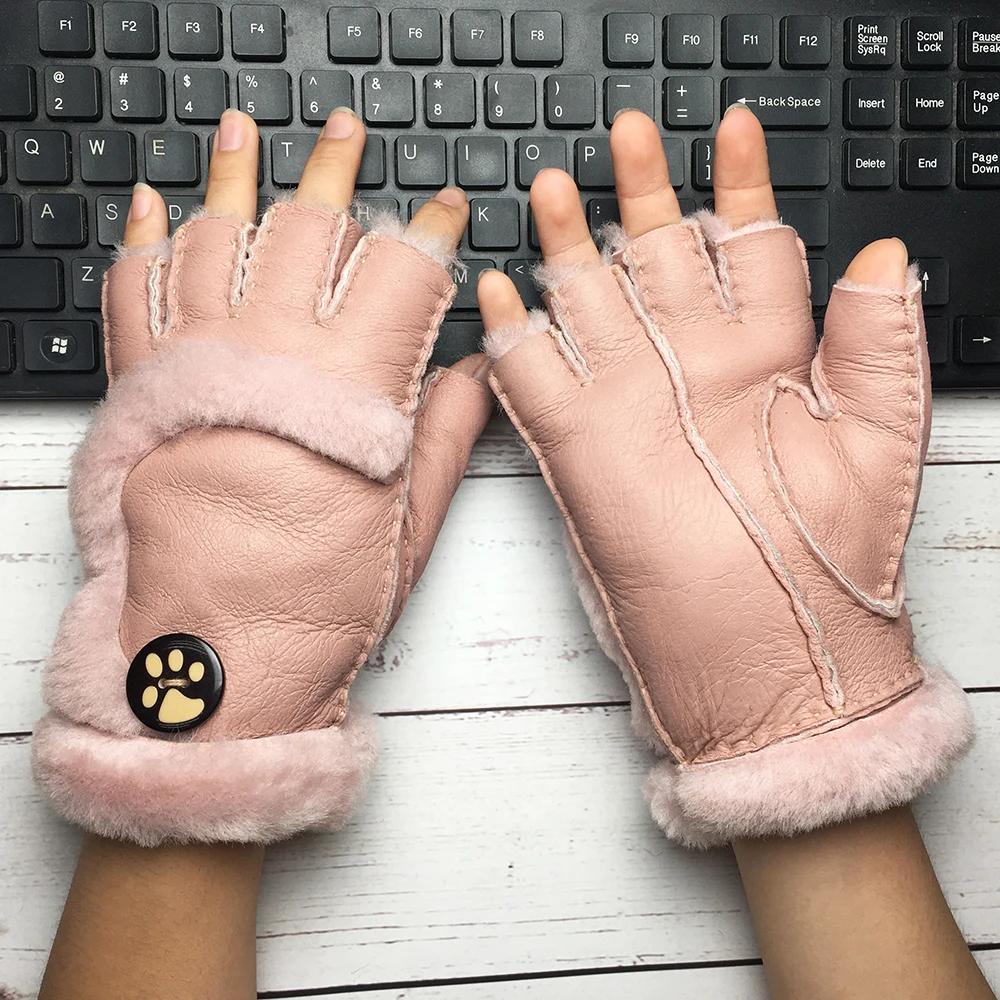 Winter Gloves Women Real Sheepskin Fur Mitten Gloves ladies Warm Outdoor genuine leather Gloves Best Gifts
