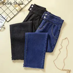 Новые модные синие джинсы женские с двойной пуговицей прямые тонкие брюки higt талия черные потертые джинсы женские весна осень