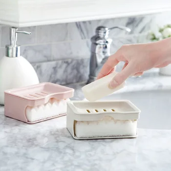 

Plastic Double-deck Drain Soap Boxes Detachable Have Sponge Soap Holder Household Portable Easy Clean Holder Bathroom Supply Box