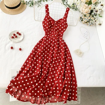 

Women Vintage Dot Print Dress Vestidos Mujer 2020 New Summer Sleeveless Spaghetti Red A-line Dresses Ladies Beach Long Robe