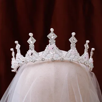 

Baroque Pink Crystal Beads Pearl Bridal Tiaras Crown Rhinestone Pageant Diadem Headband Wedding Hair Accessories Tiara De Noiva