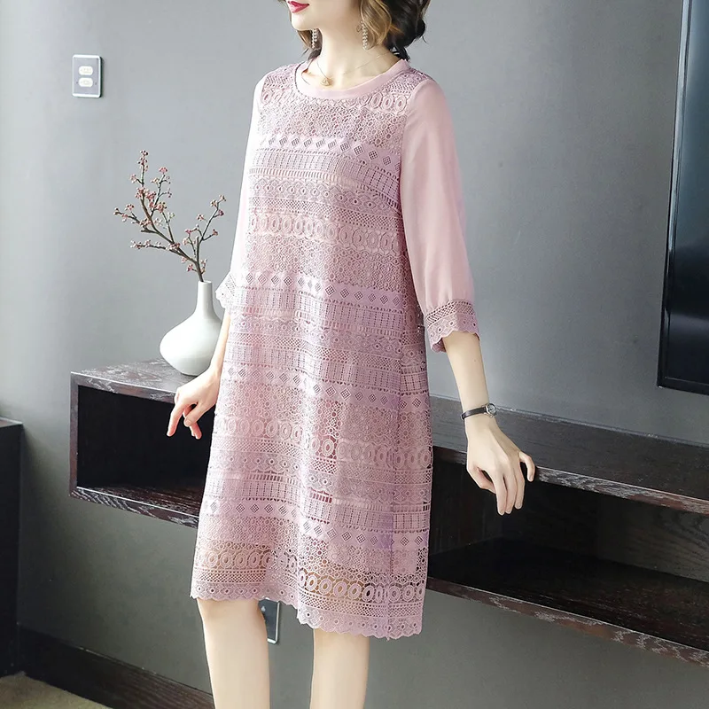 

Photo Shoot Spring Clothing Pink Hollow out Lace Dress Women's Spring And Autumn Mid-length 2019 New Style Popular Skirt Summer