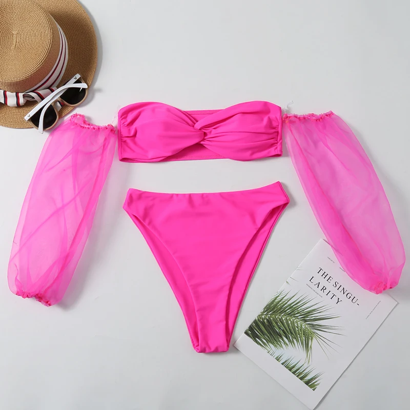 Sexy high waist bikinis mujer Puff sleeve women swimwear Brazilian push up swimsuit female Solid knot high cut bathing suit