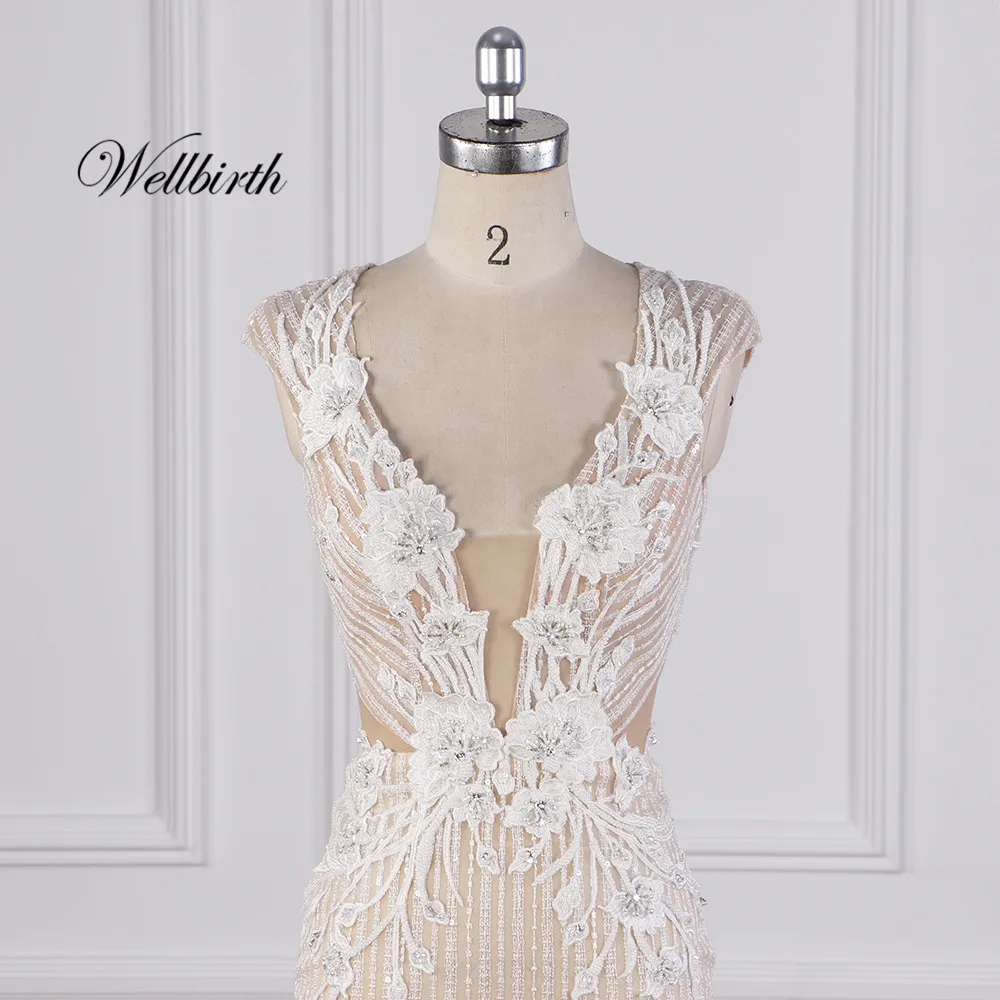 Реальное изображение Wellbirth Vestido de novia, v-образный вырез, открытая спина, Русалка, свадебное платье с коротким рукавом, свадебное платье JC031