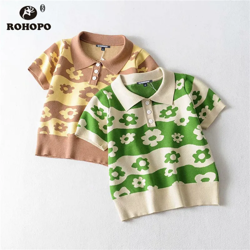 

ROHOPO Autumn Thick Women Jersey Crop Top Tees Daisy Floral Cotton Top Button Turn Down Collar Crochet Fit Tee Shirt #c239