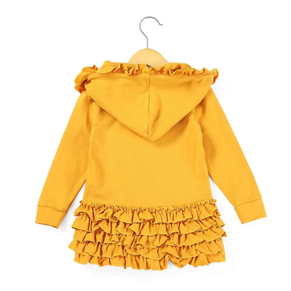 Однотонное пальто из хлопка с длинными рукавами и пуговицами и капюшоном для малышей пиджак с оборкой для маленьких девочек