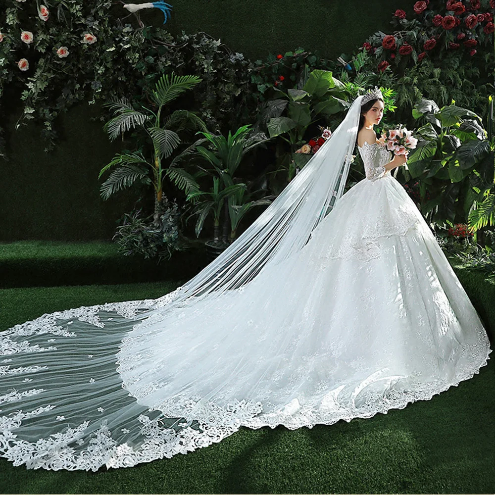 

2020 Princess Wedding Dress With Picture Veil Brautkleid Boat Neck Three Quarter Sleeve Appliques Lace Beading White Bride Gowns