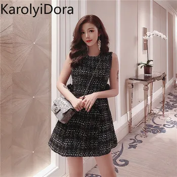 

Black Tweed Dress 2020 Round Neck Sleeveless Elegant Dress Women Casual Summer Dresses