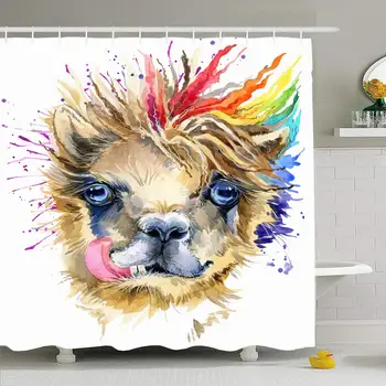 

Shower Curtain Set with Hooks 66x72 Watercolor Llama Fashion Tee Domestic Zoo Isolated Wild Shirt Animals White Face Fur
