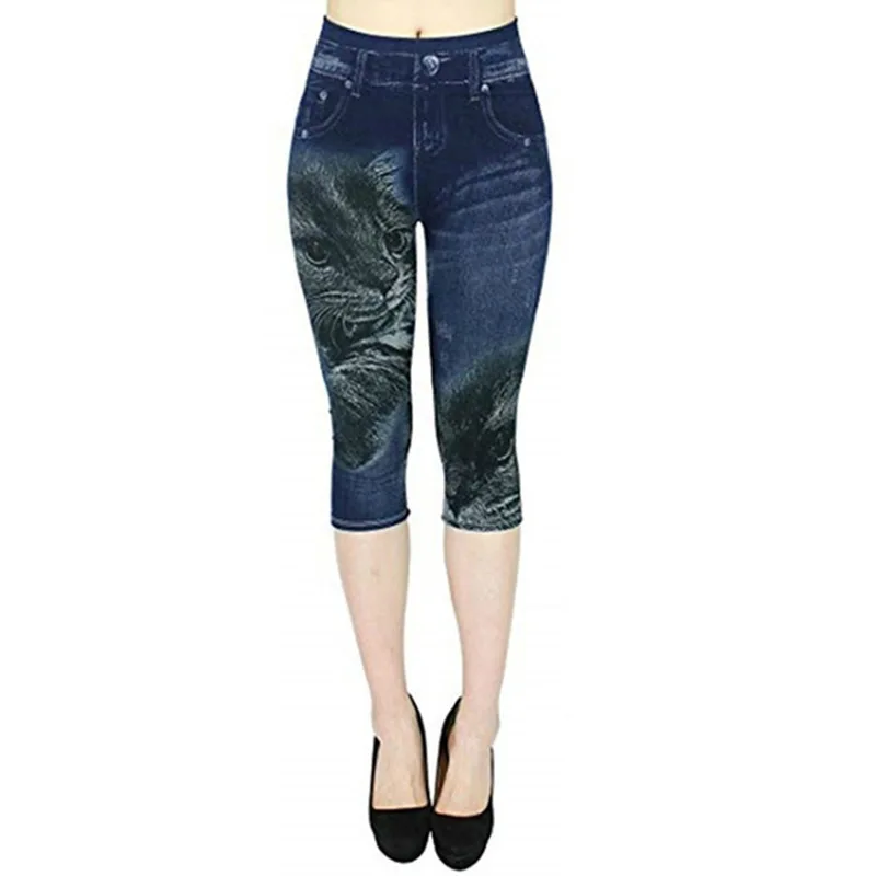 Women Faux Jeans Leggings Slim Stretch Printed Short Leggings High Waist Pants Plus Size Calf-Length Pants Summer Breeches lululemon leggings