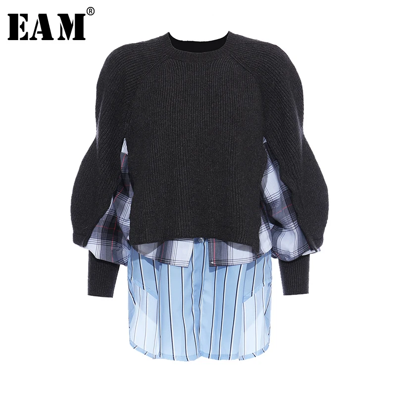

[EAM] Striped Plaid Split Knitting Sweater Loose Fit Round Neck Long Sleeve Women Pullovers New Fashion Tide Spring 2020 1N908