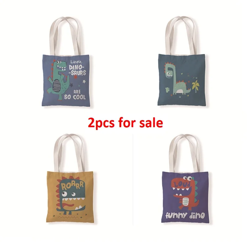 

New Canvas Bag 2pk Reusable Shopping Bag Large Capacity Tote Bag Eco Cotton Bags Canvas Handbag Dinosaur Printing Shopping Bag