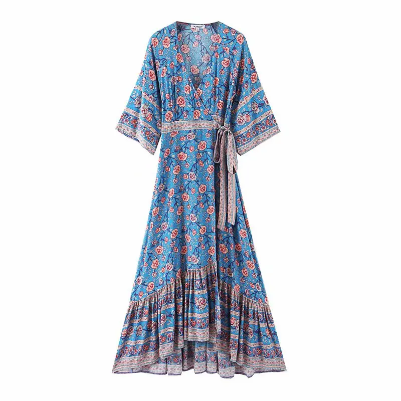 Linjiashop праздничное летнее богемное вискозное платье для женщин с цветочным принтом пляжное богемное женское платье-миди с перекрестным v-образным вырезом femme vestidos