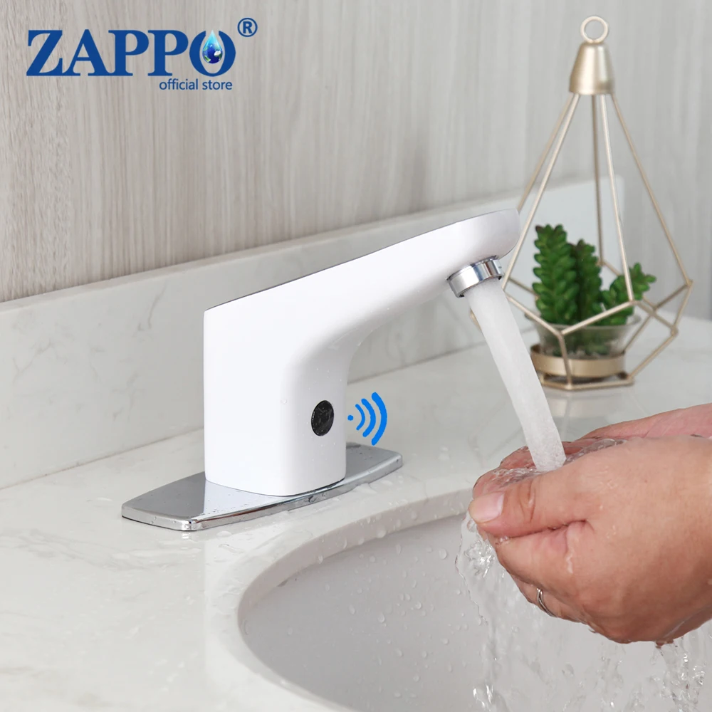 

ZAPPO Soild Brass Automatic Hands Touch Free Sensor White Hot and Cold Cloum Water Bathroom Wash Basin Sink Mixer Tap Faucet