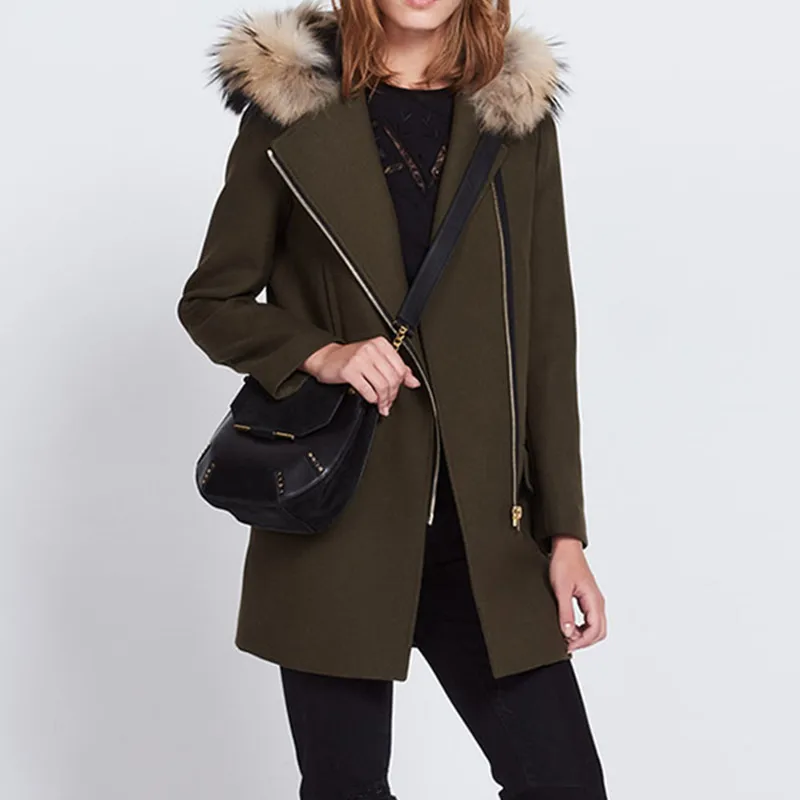 

2019 New Autumn Winter Women Coat Slim Green Zipper Hooded Wool England Style Outwear Jacket