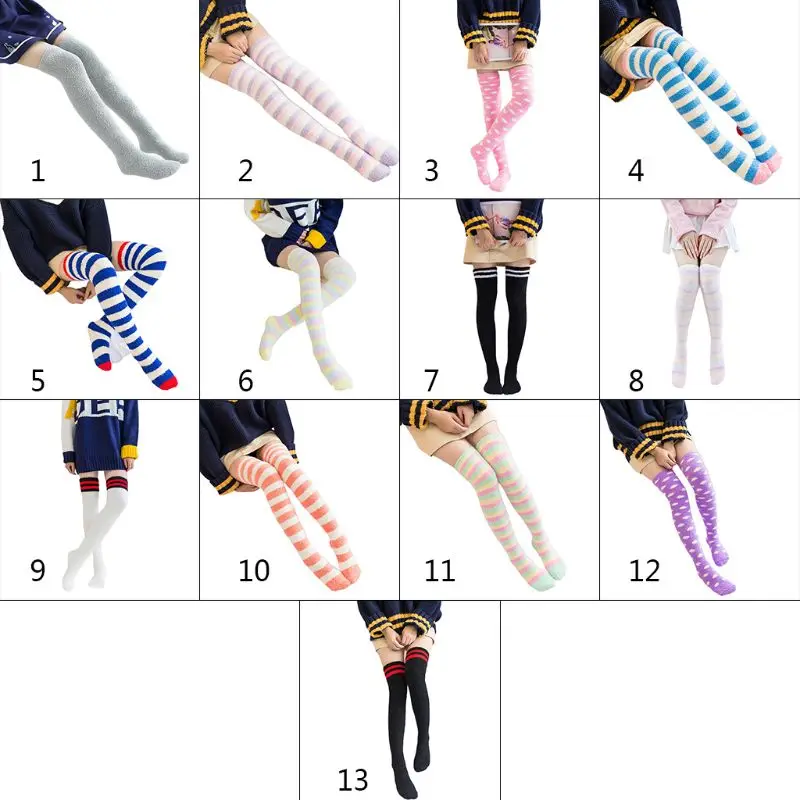 

Women Over Knee Long Socks Candy Color Stripes Coral Velvet Thigh High Stockings