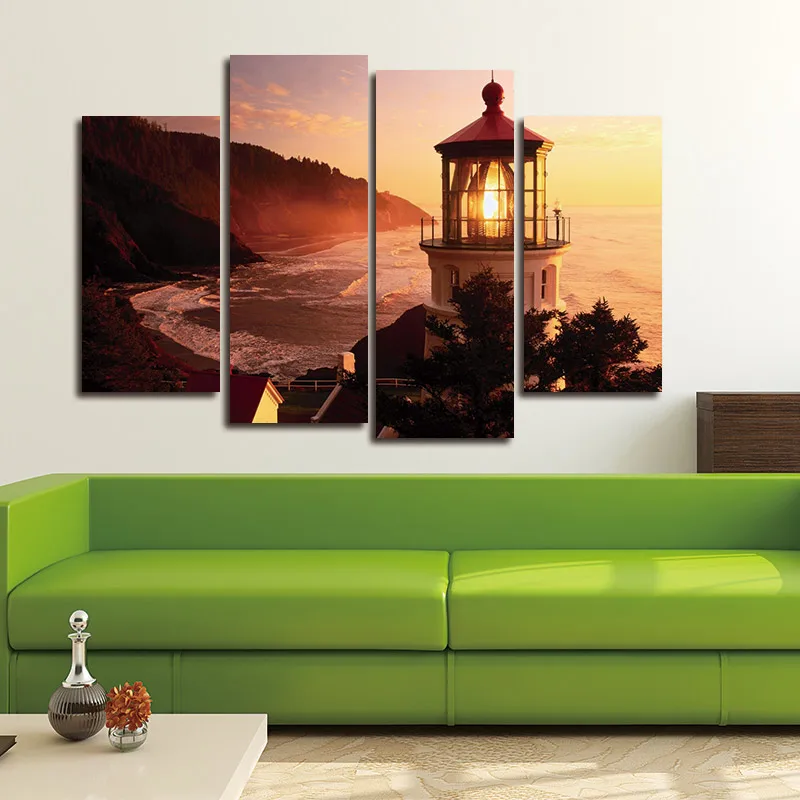 

4 Panels Modern Canvas Painting Lighthouse At Nightfall Scenery Wall Art Print Poster On Canvas Wall Pictures For Living Room