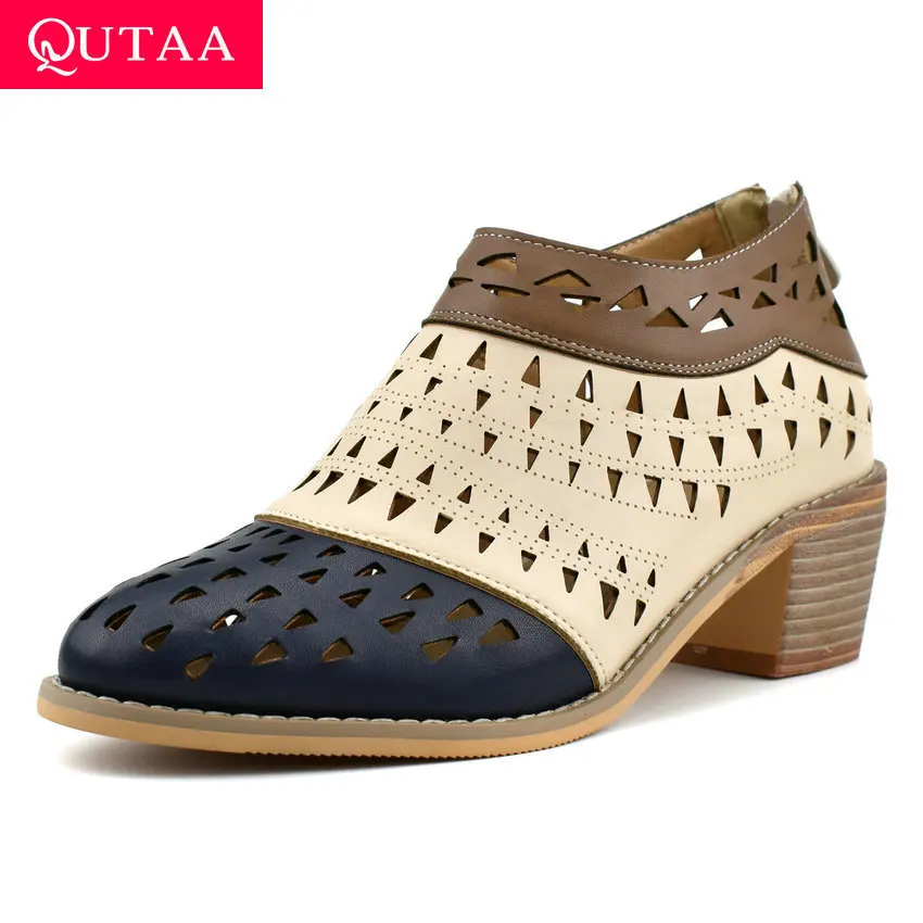 

QUTAA 2020 Mixed Color PU Leather Summer Cut Outs Women Shoes Fashion Square High Heel Round Toe Zipper Women Pumps Size 34-43