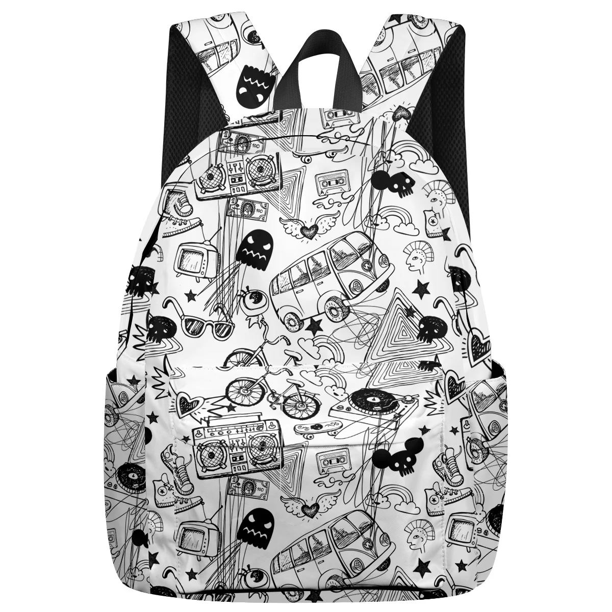 

WHEREISART White Cartoon Doodling Backpacks International Airplane Travel Senior High School Student Night Light Reflective Shoe