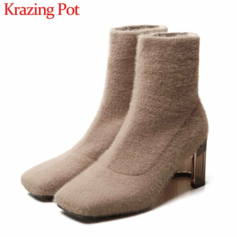 

Krazing Pot Internet star soft cozy knitting boots square toe crystal high heels winter keep warm women fashion ankle boots L33