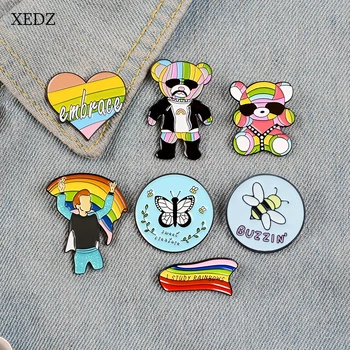 

XEDZ Hot New rainbow bear family and bee butterfly brooch fashion cute cartoon animal round bear doll badge costume pendant jewe