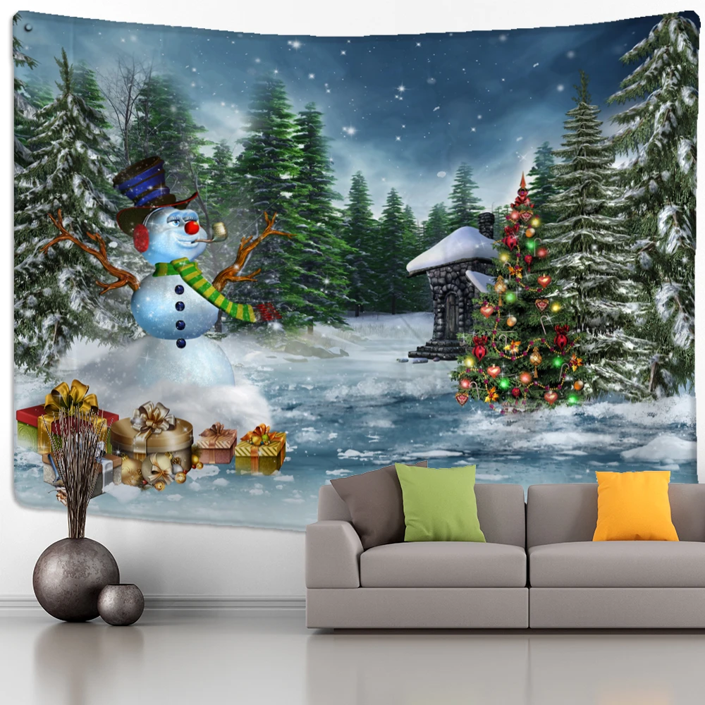 Christmas Tree Snowman Tapestry Wall Hanging Natural Snow Scene Cartoon Oil Painting Aesthetics Room Hippie Home Decor tapestry decorations,canvas wall art,oil painting wall art