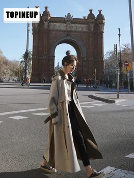 

2020 New French Elegant Women's Lapel Slim Belt Long Color matching trench coat