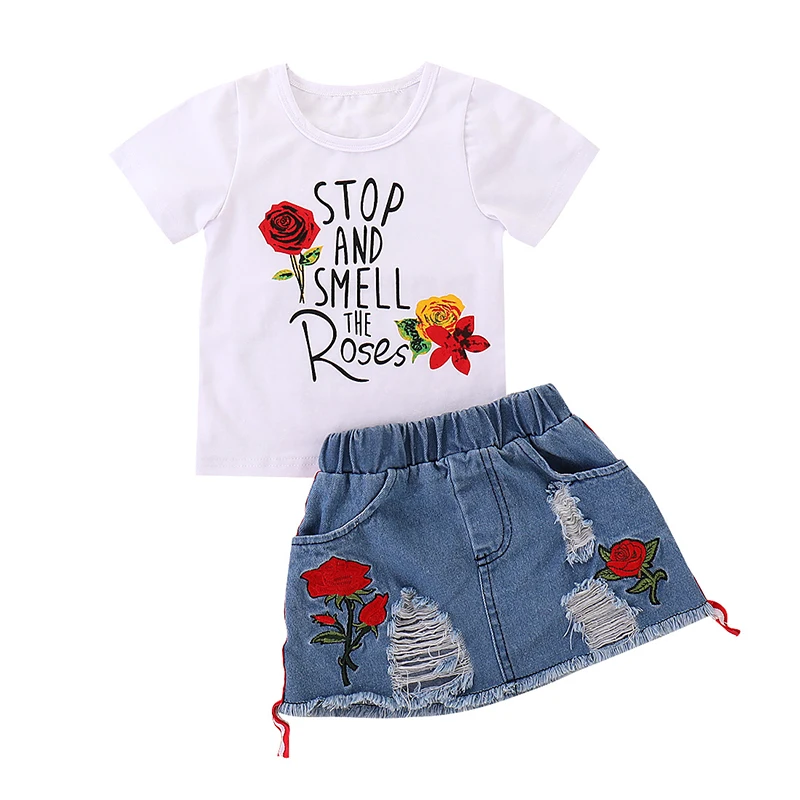Kids Set Children's Clothes Suit Summer Flower Print Set Top+Denim Skirt 2Pcs Toddler Children Outfits Clothing Sets kids clothing set girls clothing set