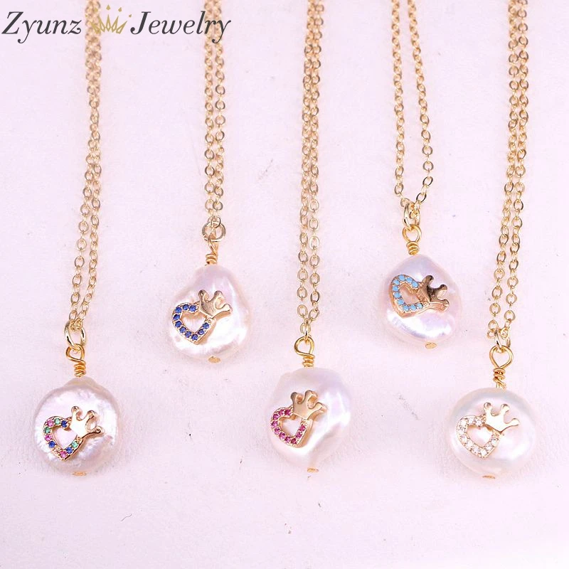 Necklaces 6 шт., натуральный пресноводный жемчуг и CZ подвеска Pave круглая Монета Форма белый жемчуг с CZ сердце Корона Подвески ожерелье - Окраска металла: Necklaces