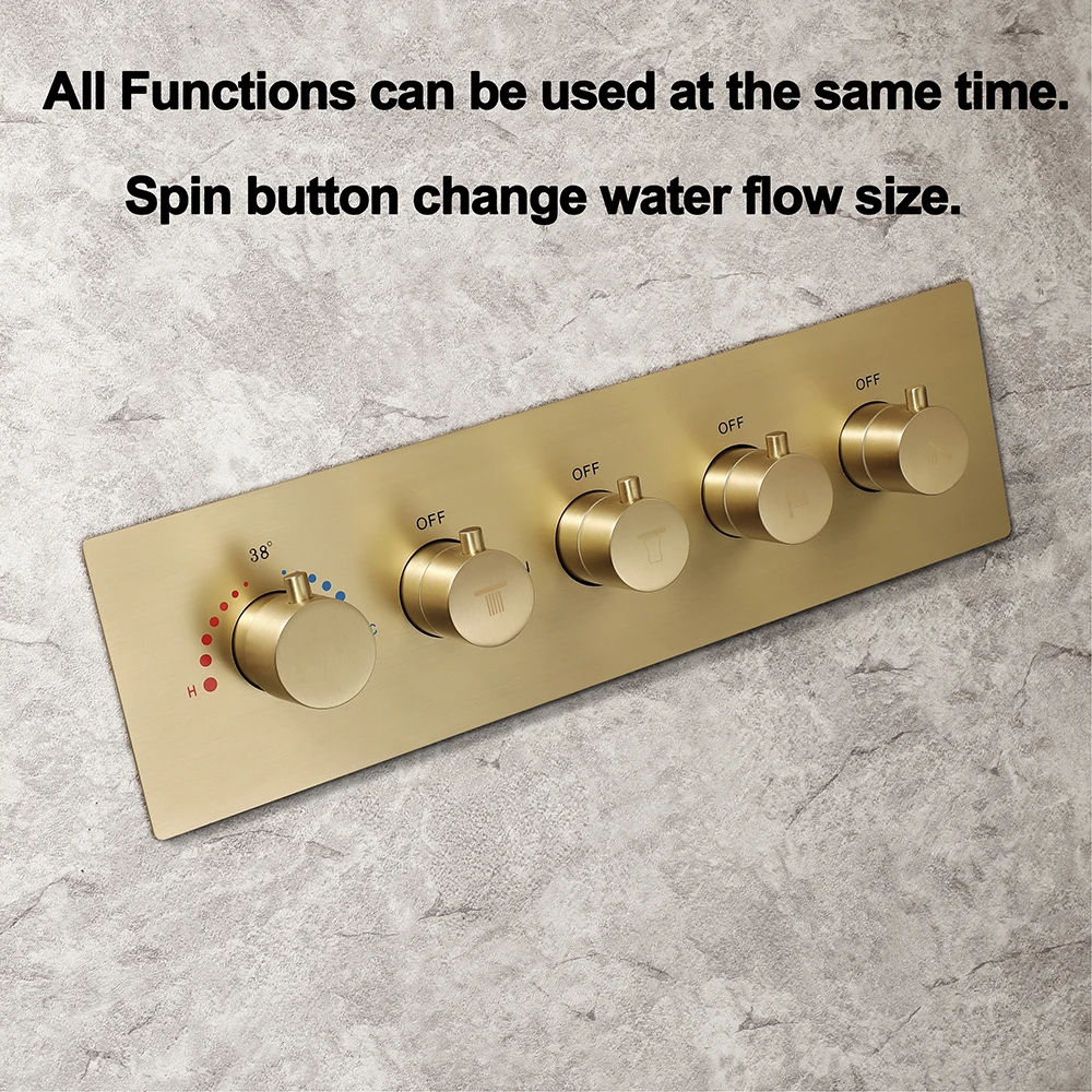 Luxurious Brushed Gold Thermostatic LED Shower System Bathroom Faucet Music Rain Shower Panel Higt Pressure Waterfall Showerhead