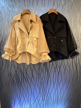 

2020 Autumn and Winter new women's lapel double-breasted decorative sleeve mesh perspective stitching solid color short coat 923