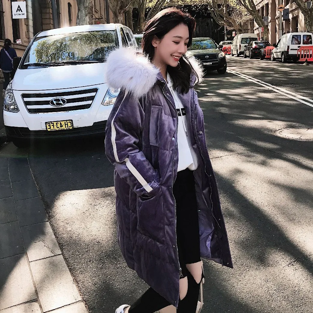 

Photo Shoot CHIC Korean-style Elegant over-the-Knee Mid-length Two-color Large Fur Collar Hooded down Coat Contrast Color Velvet