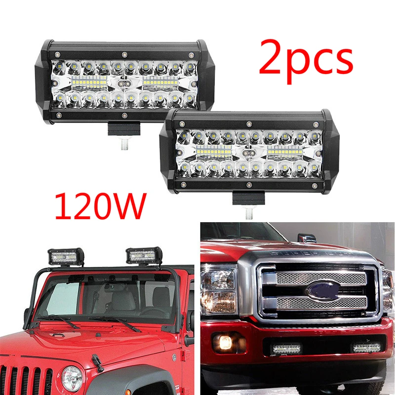 

2pcs 12V/24V 120W LED Work Light 7 Inch LED Light Bar 3 Rows Combo Beam Truck SUV Driving Off Road Light Bar for Boat Tractor