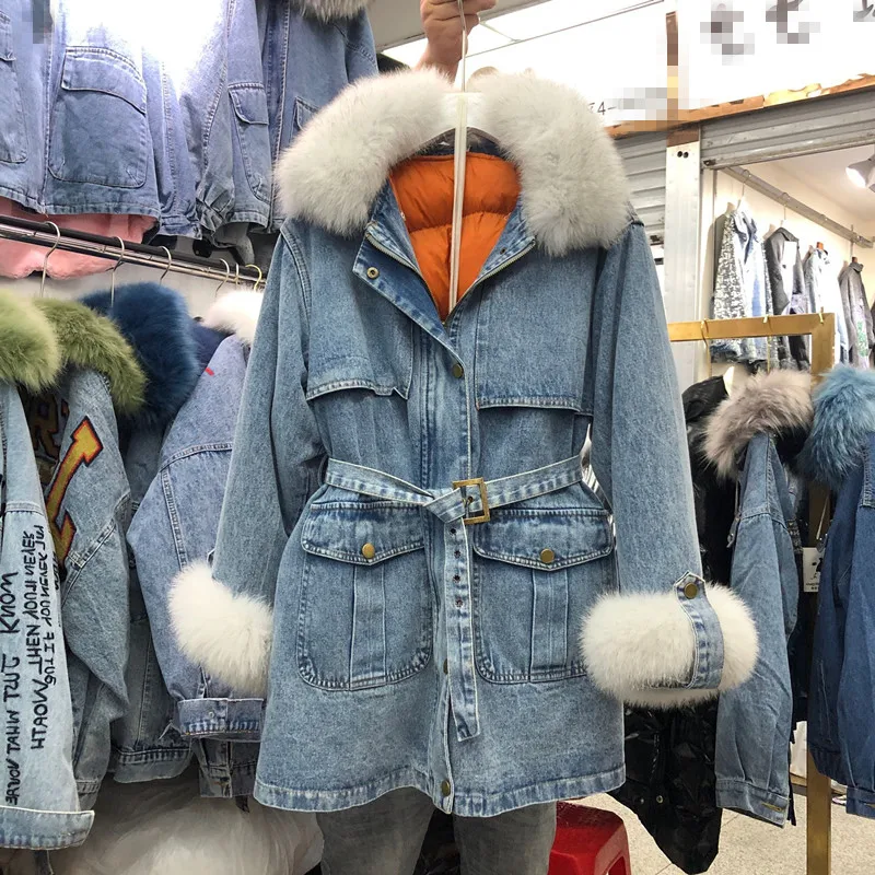 real fur Парка с натуральным лисьим мехом, зимняя джинсовая ветровка, куртка с хлопковой подкладкой, длинное пальто, женская свободная, съемная подкладка, утолщенное пальто - Цвет: real fur