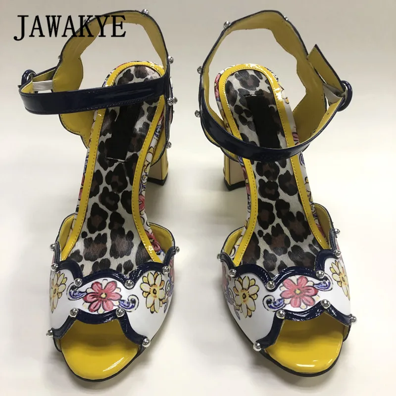 Retro print Flower Peep toe Chunky Heels Sandals Women Leopard Leather High heel Shoes Summer Party Shoes Woman Zapatos de Mujer