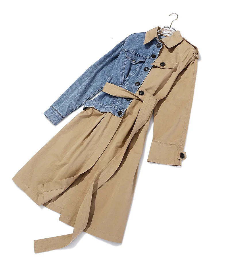 [EAM] женский джинсовый Тренч с отворотами и длинным рукавом, свободный крой, ветровка, модная, Осень-зима, 1D637