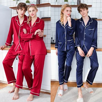 

New Style Silk Couples Pajamas Long Sleeve Tracksuit Two-Piece Set