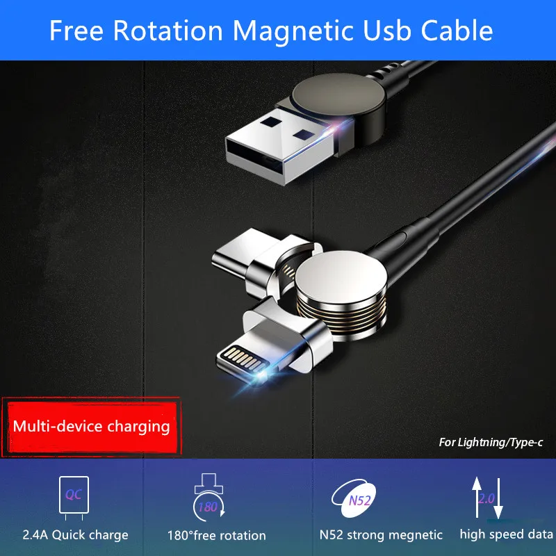 USB Magnetic Charger Cable Set Type C Cell Phone Charging Cable 2 in 1 Rotatable Cable For iPhone 11 X Fast Charging Micro USB