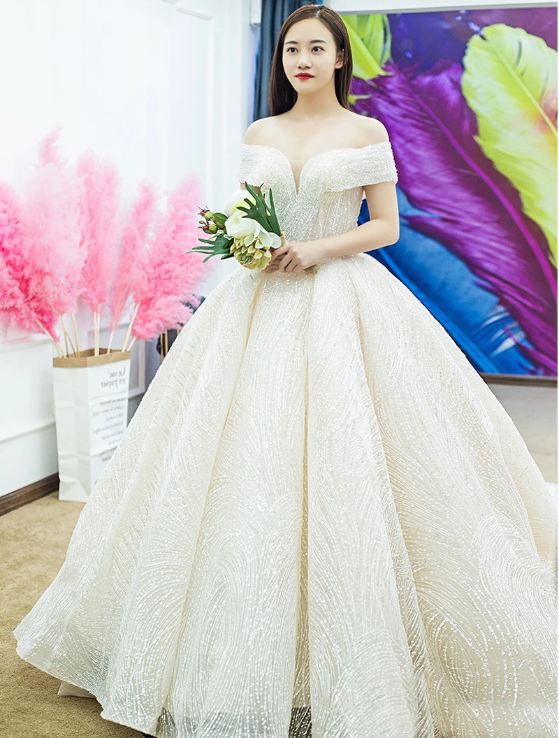 Vestido de Noiva New Ball Gown Wedding Dress Princess Off the Shoulder Beads Bling Sequined Champagne Bridal Gown Robe De Mariee