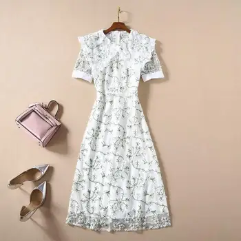 

New 2020 summer women lace dress short sleeve a-line big cute peter pan collar designer floral embroidery mesh dresses green